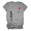 Casual grey short sleeve t-shirt for women featuring funny skeleton and red balloon graphic. - S / Tops / Dark Gray (Black Letters Color Graphic)