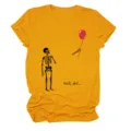 Women's casual round neck short sleeve yellow t-shirt with funny skeleton balloon print. - S / Tops / Mustard Yellow (Black Text Color Graphic)