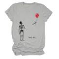 Close-up detail of the funny skeleton graphic and text print on women's casual gray t-shirt. - S / Tops / Light Gray