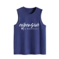 Donkerblauwe casual damestop zonder mouwen met een stijlvolle bedrukte tekst op de borst. - S / Tops / Vintage Blauw