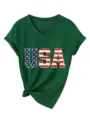 Detalle de camiseta verde de cuello V y manga corta con gráfico de letras USA y dobladillo anudado. - Verde Vintage