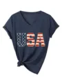 Mujeres USA Bandera Cuello V Manga Corta Camiseta Casual Gráfica Patriótica Top - Azul Marino