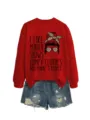 Women red long sleeve graphic sweatshirt with funny print paired with casual denim shorts. - S / Tops / Bright Red Sweatshirt (Black Pattern)