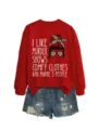 Red long sleeve sweatshirt with funny graphic quote and matching denim shorts for women. - S / Tops / Bright Red Sweatshirt (White Pattern)