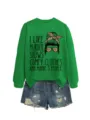 Casual green graphic sweatshirt paired with distressed denim shorts for women autumn wear. - S / Tops / Grass Green Sweatshirt (Black Pattern)