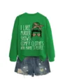 Green casual long sleeve sweatshirt with funny graphic text and denim shorts outfit. - S / Tops / Grass Green Sweatshirt (White Pattern)