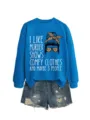 Women casual blue crewneck sweatshirt paired with stylish denim shorts, fun graphic print top. - S / Tops / Lake Blue