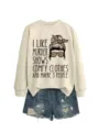 Casual women long sleeve sweatshirt with funny letter print and distressed denim shorts. - S / Tops / Sand Sweatshirt (Black Text Pattern)