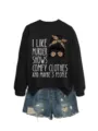 Casual women's black long sleeve graphic sweatshirt featuring funny slogan and comfortable fit. - S / Tops / Black Sweatshirt (White Text Pattern)