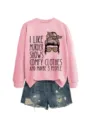 Women casual long sleeve pink sweatshirt paired with distressed denim shorts, fun graphic print. - S / Tops / Pink Sweatshirt (Black Text Pattern)