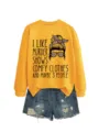 Casual women long sleeve yellow graphic sweatshirt and distressed denim shorts fashion outfit set. - S / Tops / Yellow Sweatshirt (Black Text Pattern)