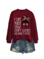 Women's casual long sleeve graphic sweatshirt paired with denim shorts, comfortable fall pullover top. - S / Tops / Wine Red Sweatshirt (White Text Pattern)