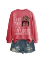 Women's casual long sleeve graphic sweatshirt paired with distressed denim shorts. - S / Tops / Red Sweatshirt (White Text Pattern)