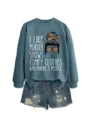 Casual women's crewneck sweatshirt with funny graphic print and distressed denim shorts outfit set. - S / Tops / Blue Sweatshirt (White Text Pattern)