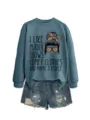 Casual women graphic sweatshirt detail, funny true crime quote print, cozy long sleeve. - S / Tops / Blue Sweatshirt (Black Text Pattern)