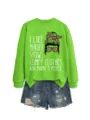 Casual green crewneck sweatshirt with fun graphic and distressed denim shorts set for women. - S / Tops / Neon Green Sweatshirt (White Pattern)