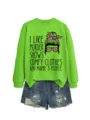 Casual green sweatshirt featuring fun true crime quote and graphic paired with denim shorts. - S / Tops / Light Green Sweatshirt (Black Text Pattern)