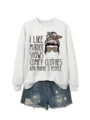 Close-up detail of the graphic sweatshirt with funny quote print and soft grey fabric texture. - S / Tops / Off-White (Black Print)