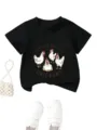 Black kids t-shirt with cute chicken graphic and funny letter print for casual daily wear. - 90cm / Tops / Black