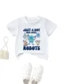 Detail shot of white kids t-shirt with cute robot print and slogan text for boys daily wear. - 90cm / Tops / White