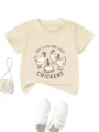 Detailed view of kids casual beige graphic t-shirt featuring cute funny chicken print. - Apricot