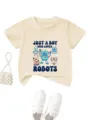Detailed view of cute boys short sleeve t-shirt with robot print and matching stylish props. - Apricot