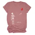Casual women's short sleeve crewneck t-shirt featuring a funny skeleton and red balloon graphic. - S / Tops / Rose Gold (White Lettering)