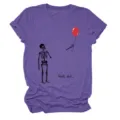 Women purple heather short sleeve t-shirt with funny skeleton balloon graphic print top. - S / Tops / Purple (Black Letters Multicolor Graphic)