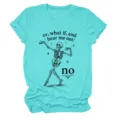 Detailed view of the turquoise short-sleeve t-shirt featuring a fun dancing skeleton graphic. - S / Tops / Yellow