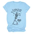 Close-up detail view of light blue short sleeve t-shirt with funny skeleton graphic print. - S / Tops / Light Blue
