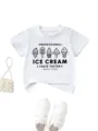 Primo piano dettagliato della t-shirt bianca per bambini con stampa grafica di gelato. - 90cm / Top / Bianco