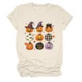 Casual women short sleeve T-shirt with cute Halloween pumpkin graphic print on front. - S / Tops / Sand