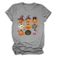 Women's Halloween Pumpkin Graphic Print O-Neck Short Sleeve Casual Fashion T-Shirt Top - S / Tops / Dark Gray