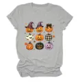 Women casual grey short sleeve T-shirt with cute Halloween pumpkin and magic hat print. - S / Tops / Light Gray