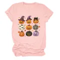 Vista detallada de camiseta casual de manga corta para mujer con lindo estampado de calabaza. - S / Tops / Rosa