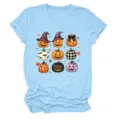 Camiseta casual de manga corta para mujer azul claro con lindo estampado de calabaza de Halloween. - S / Tops / Azul claro