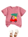 Detail view of pink kids short sleeve t-shirt featuring cute cartoon car and tree graphic. - 90cm / Tops / Peach