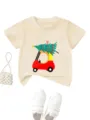 Kids beige short sleeve t-shirt featuring a cute Christmas tree car graphic print detail. - 90cm / Tops / Apricot
