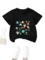 Details of the black kids short sleeve t-shirt featuring fun space cartoon print design. - Tops / 90cm / Black