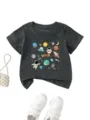 Detailed close-up view of the kids short sleeve t-shirt featuring a fun space graphic print. - Tops / 90cm / Dark Gray