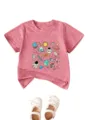 Detailed view of kids pink short sleeve t-shirt with cute space astronaut graphic print. - Peach