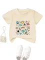 Kids casual short sleeve cotton t-shirt with cute space astronaut cartoon print design. - Apricot