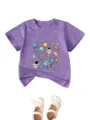 Casual neutral children's short sleeve t-shirt with space planet astronaut cartoon print. - Purple