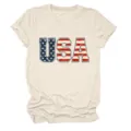 Γυναικείο casual t-shirt κοντό μανίκι με σχέδιο σημαία USA, άνετη στρογγυλή λαιμόκοψη βασικό. - S / Tops / Χρώμα της Άμμου