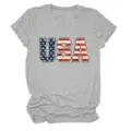 Γυναικείο casual κοντομάνικο t-shirt με τύπωμα USA σημαίας, άνετη στρογγυλή λαιμόκοψη. - S / Tops / Ανοιχτό γκρι