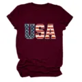 Γυναικείο casual κοντομάνικο t-shirt σε μπορντό χρώμα με τύπωμα σημαίας USA στο στήθος - S / Tops / Μπορντό