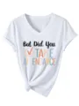 Women Casual White V-neck Short Sleeve T-shirt with Funny Letter Print and Knot Hem Detail - S / Tops / White