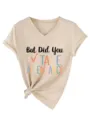 Casual V-neck short sleeve tee with graphic print and front knot detail for women everyday wear. - S / Tops / Sand