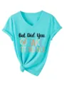 Turquoise women's V-neck short sleeve t-shirt with cute quote print and stylish hem knot. - S / Tops / Deep Water Blue