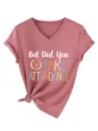 Women's V-Neck Short Sleeve Casual T-Shirt with Fun Letter Print Knot Hem Summer Top - Rose Gold (White Print)